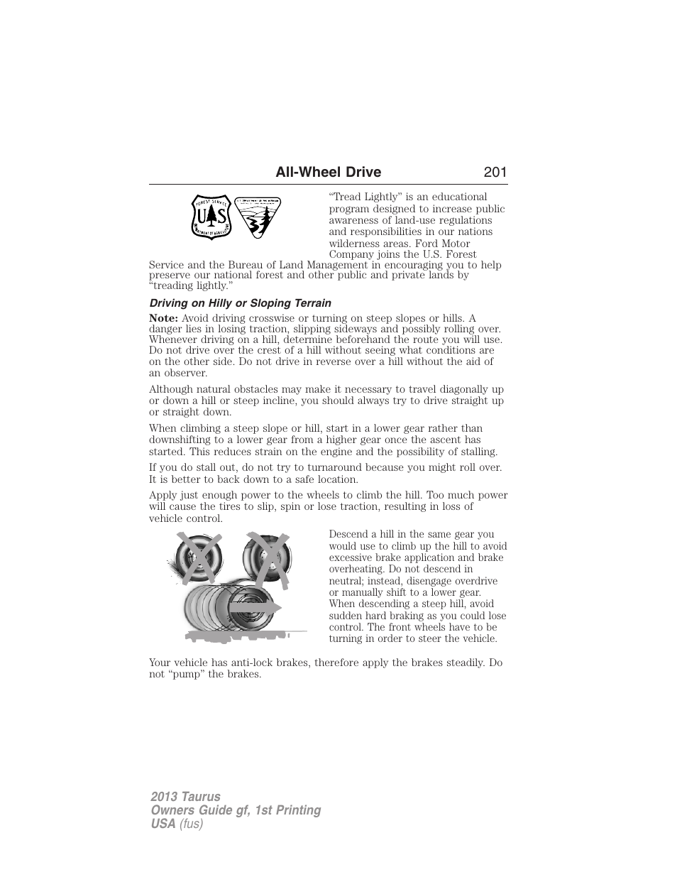 Driving on hilly or sloping terrain, All-wheel drive 201 | FORD 2013 Taurus v.1 User Manual | Page 201 / 541