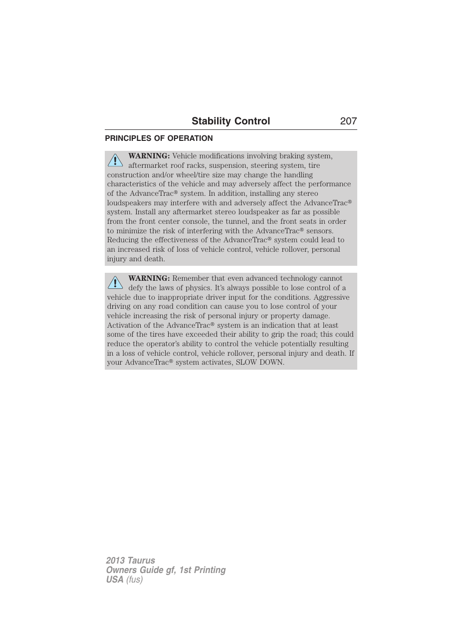 Stability control, Principles of operation, Advancetrac | Stability control 207 | FORD 2013 Taurus v.1 User Manual | Page 207 / 541