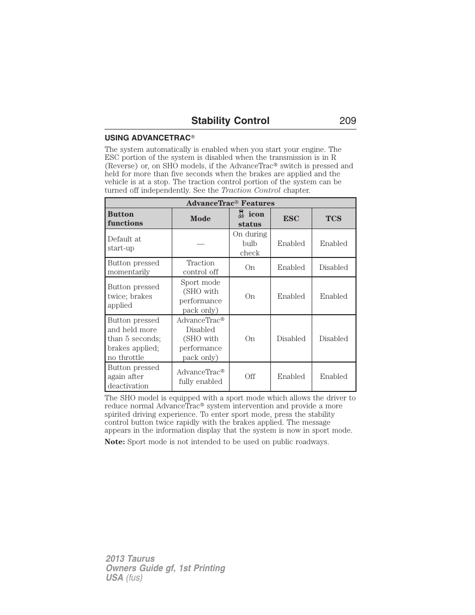 Using advancetrac, Stability control 209 | FORD 2013 Taurus v.1 User Manual | Page 209 / 541