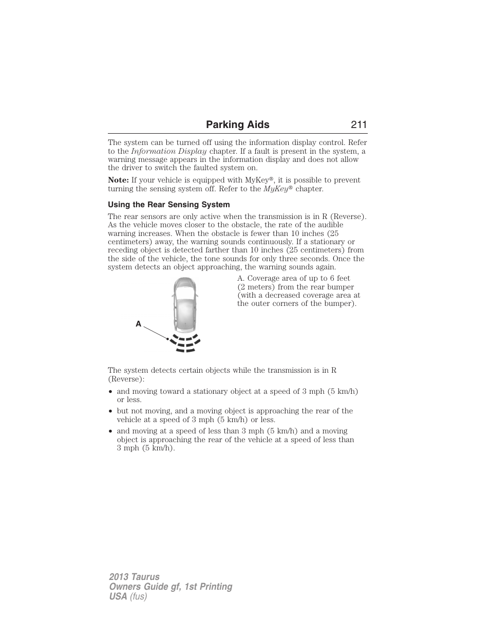 Using the rear sensing system, Parking aids 211 | FORD 2013 Taurus v.1 User Manual | Page 211 / 541