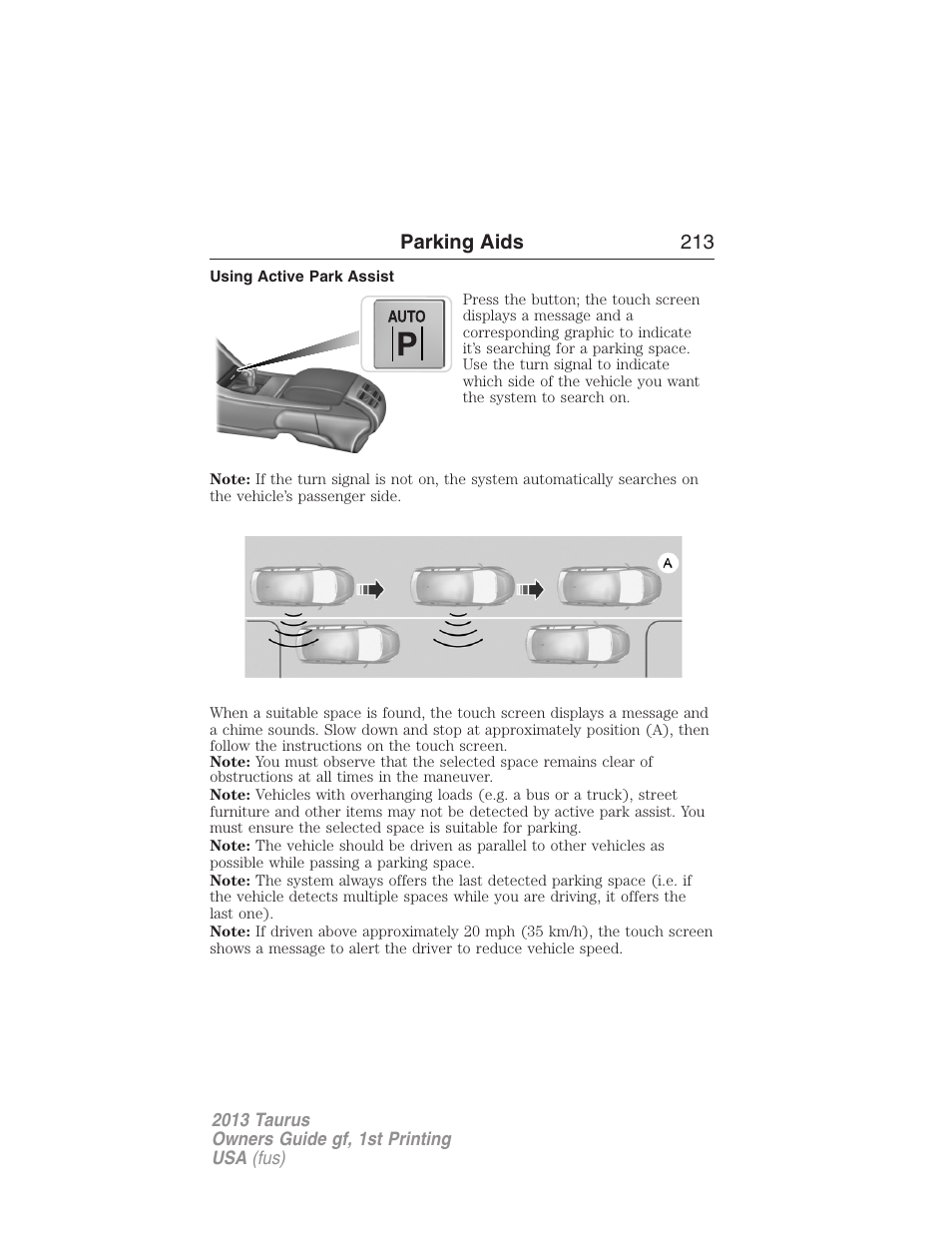 Using active park assist | FORD 2013 Taurus v.1 User Manual | Page 213 / 541