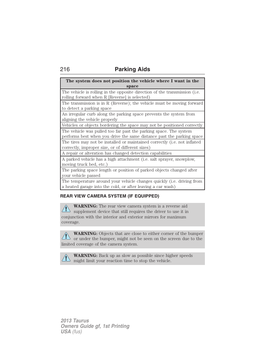 Rear view camera system (if equipped), Rear-view camera system, 216 parking aids | FORD 2013 Taurus v.1 User Manual | Page 216 / 541