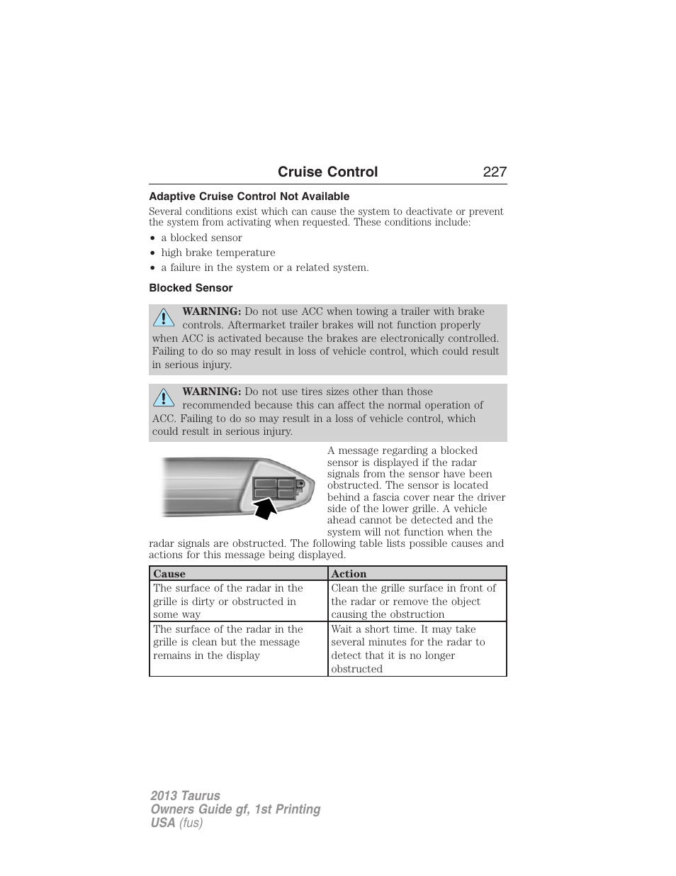 Adaptive cruise control not available, Blocked sensor, Cruise control 227 | FORD 2013 Taurus v.1 User Manual | Page 227 / 541