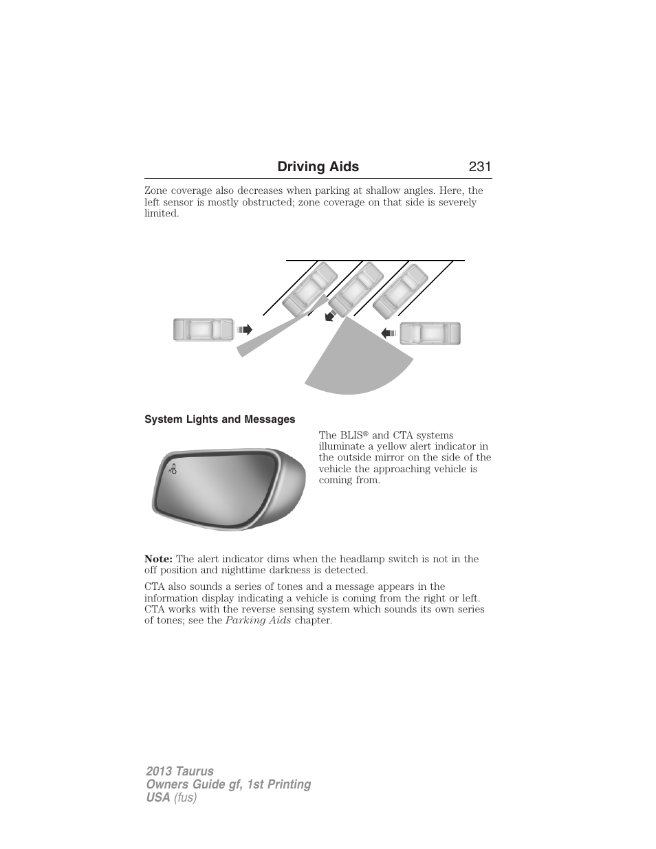 System lights and messages, Driving aids 231 | FORD 2013 Taurus v.1 User Manual | Page 231 / 541
