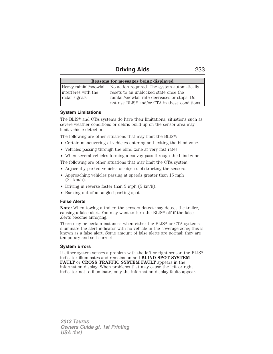 System limitations, False alerts, System errors | Driving aids 233 | FORD 2013 Taurus v.1 User Manual | Page 233 / 541