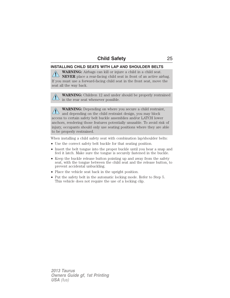 Installing child seats with lap and shoulder belts, Child safety 25 | FORD 2013 Taurus v.1 User Manual | Page 25 / 541