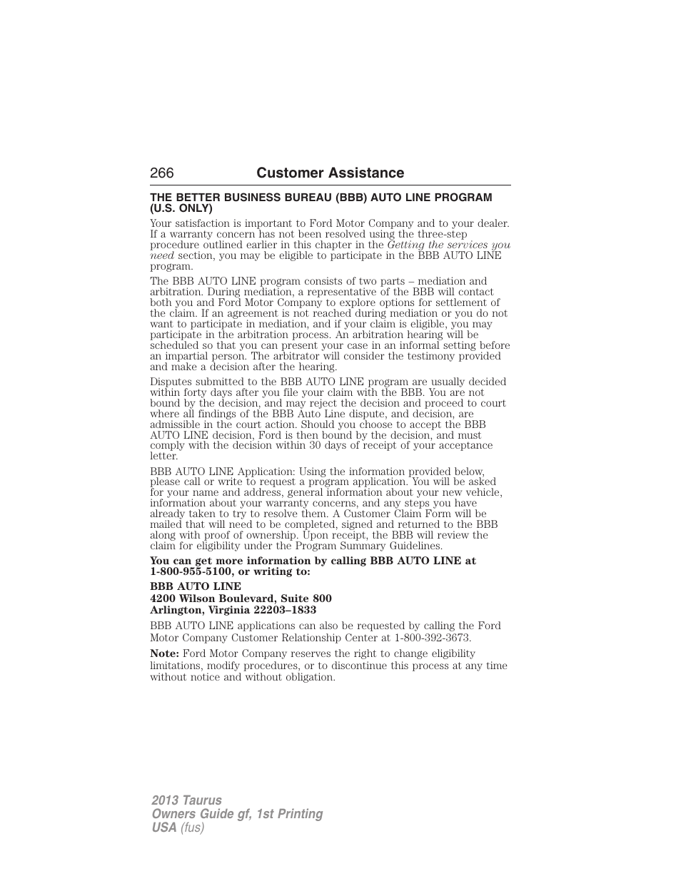 266 customer assistance | FORD 2013 Taurus v.1 User Manual | Page 266 / 541