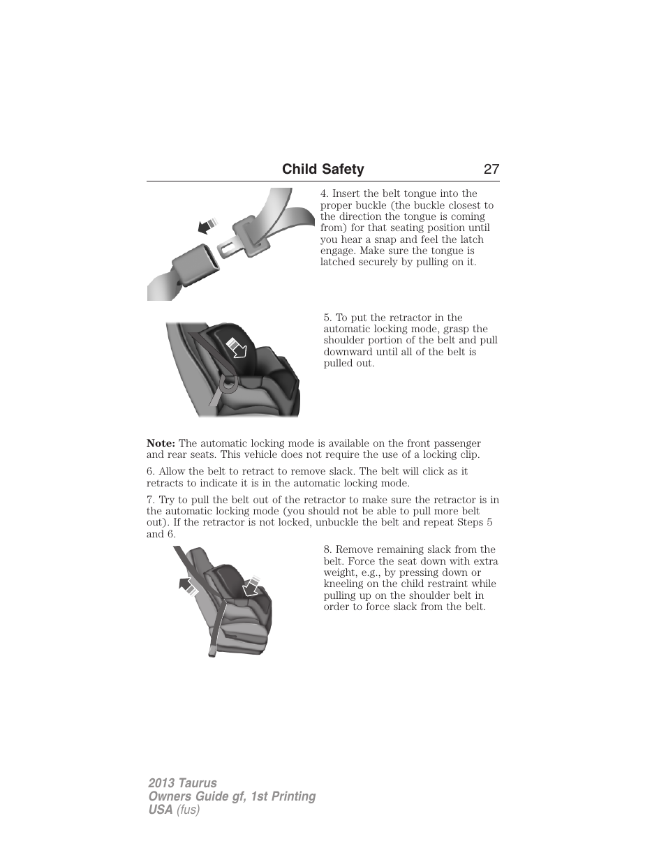 Child safety 27 | FORD 2013 Taurus v.1 User Manual | Page 27 / 541
