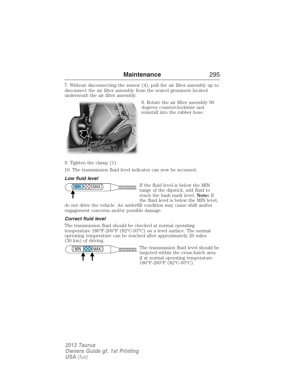Low fluid level, Correct fluid level, Maintenance 295 | FORD 2013 Taurus v.1 User Manual | Page 295 / 541