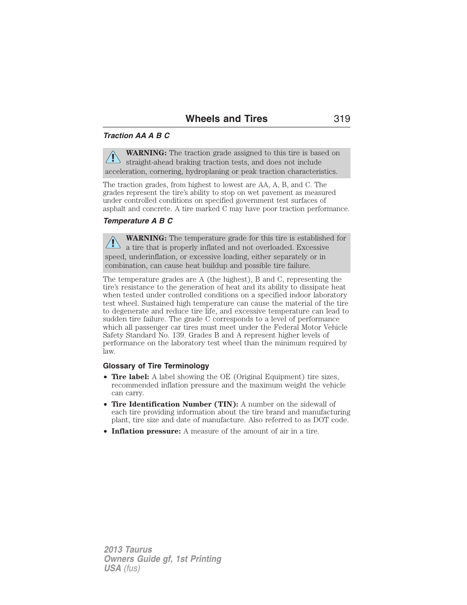 Traction aa a b c, Temperature a b c, Glossary of tire terminology | Wheels and tires 319 | FORD 2013 Taurus v.1 User Manual | Page 319 / 541