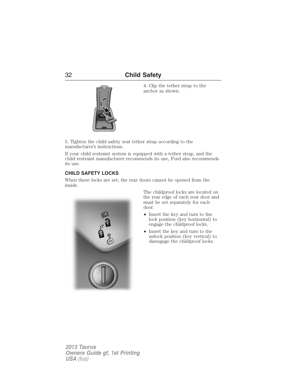 Child safety locks, 32 child safety | FORD 2013 Taurus v.1 User Manual | Page 32 / 541