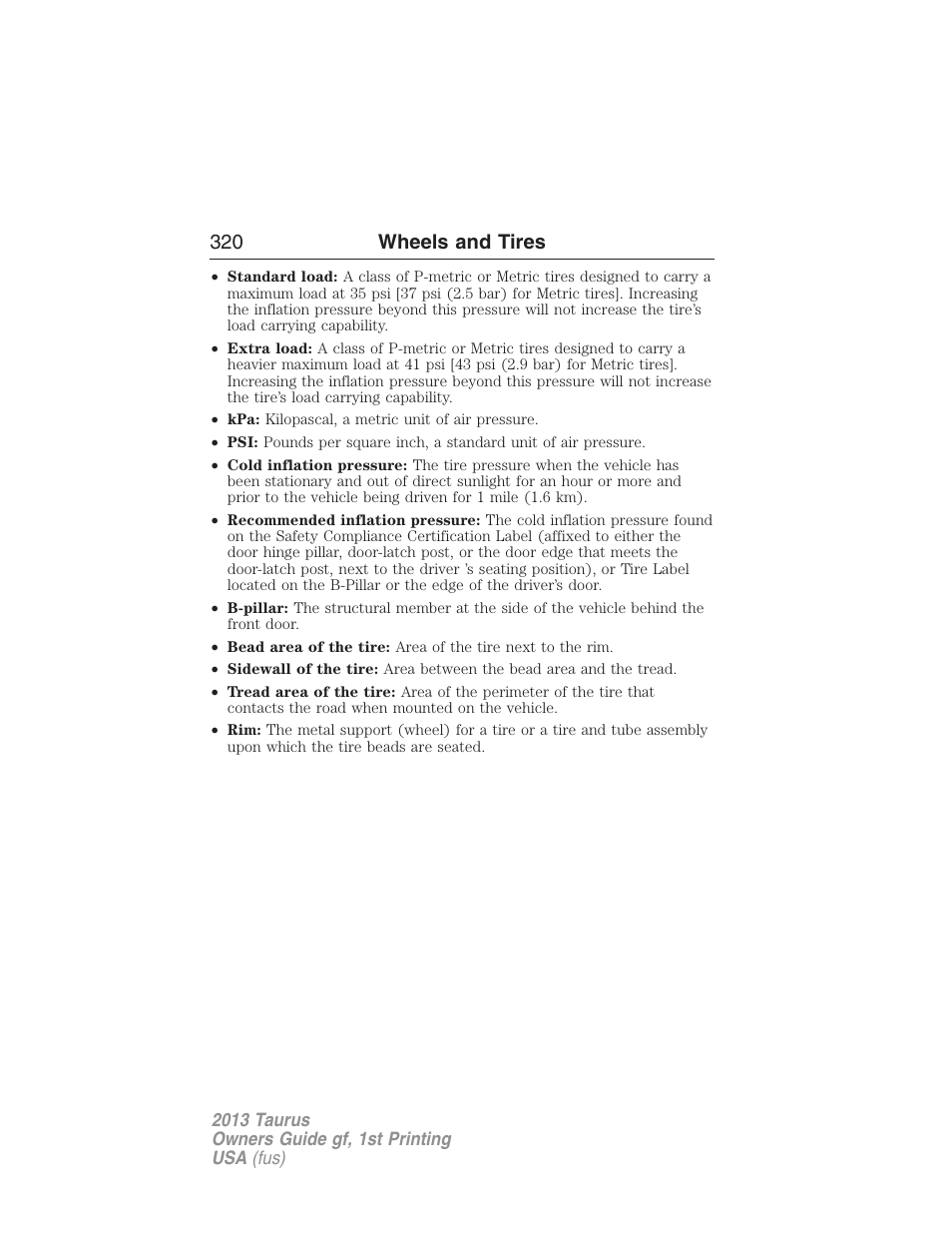 320 wheels and tires | FORD 2013 Taurus v.1 User Manual | Page 320 / 541