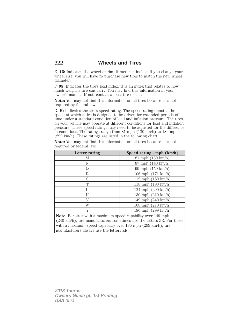 322 wheels and tires | FORD 2013 Taurus v.1 User Manual | Page 322 / 541