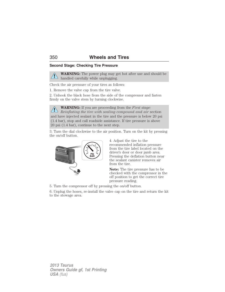 Second stage: checking tire pressure, 350 wheels and tires | FORD 2013 Taurus v.1 User Manual | Page 350 / 541