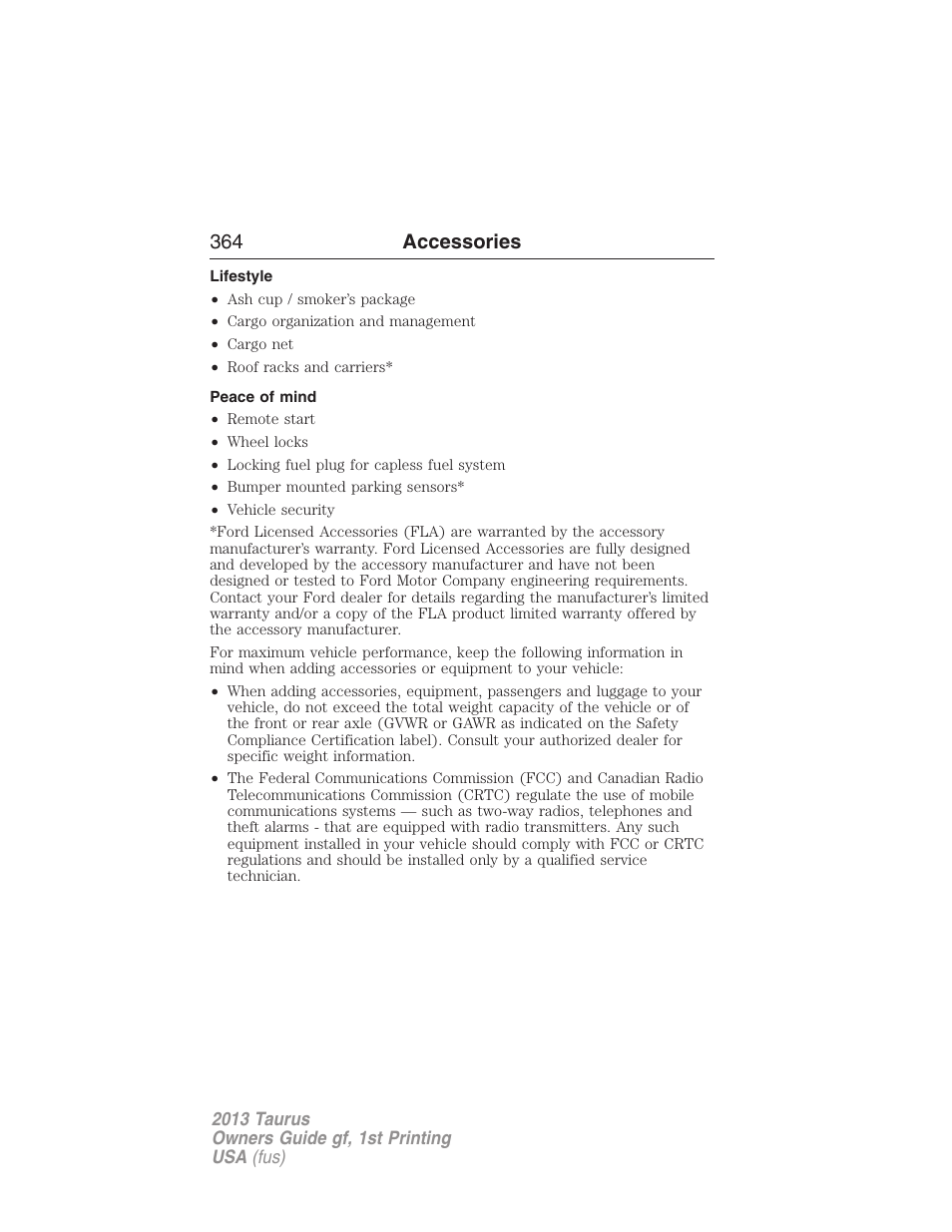 Lifestyle, Peace of mind, 364 accessories | FORD 2013 Taurus v.1 User Manual | Page 364 / 541