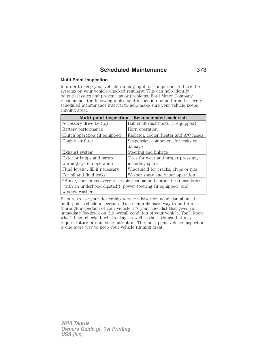 Multi-point inspection, Scheduled maintenance 373 | FORD 2013 Taurus v.1 User Manual | Page 373 / 541