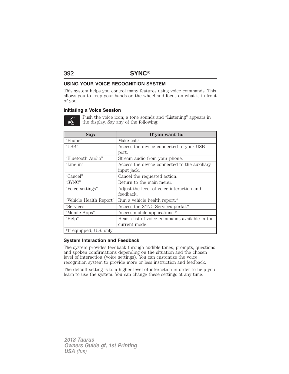 Using your voice recognition system, Initiating a voice session, System interaction and feedback | 392 sync | FORD 2013 Taurus v.1 User Manual | Page 392 / 541