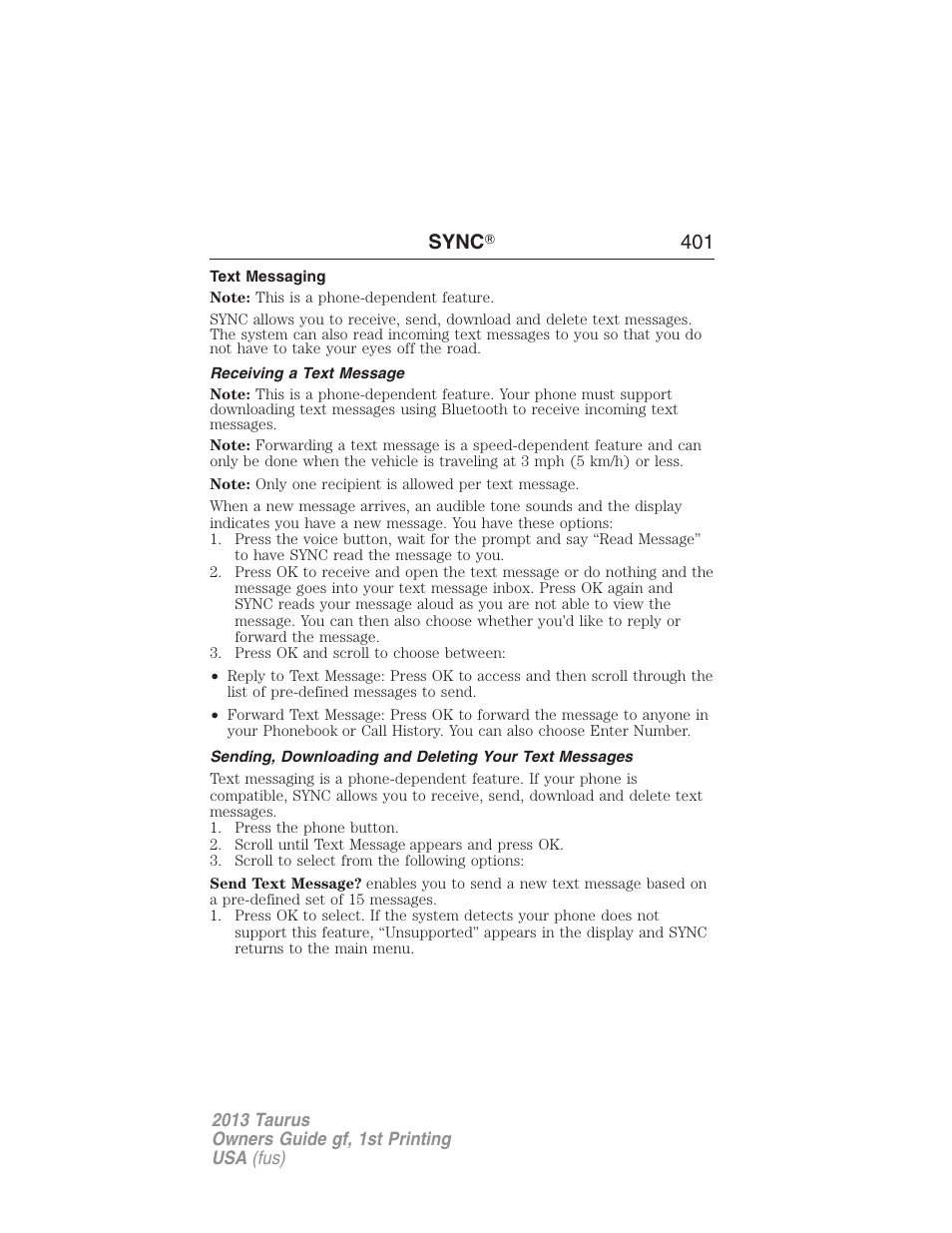 Text messaging, Receiving a text message, Sync ா 401 | FORD 2013 Taurus v.1 User Manual | Page 401 / 541