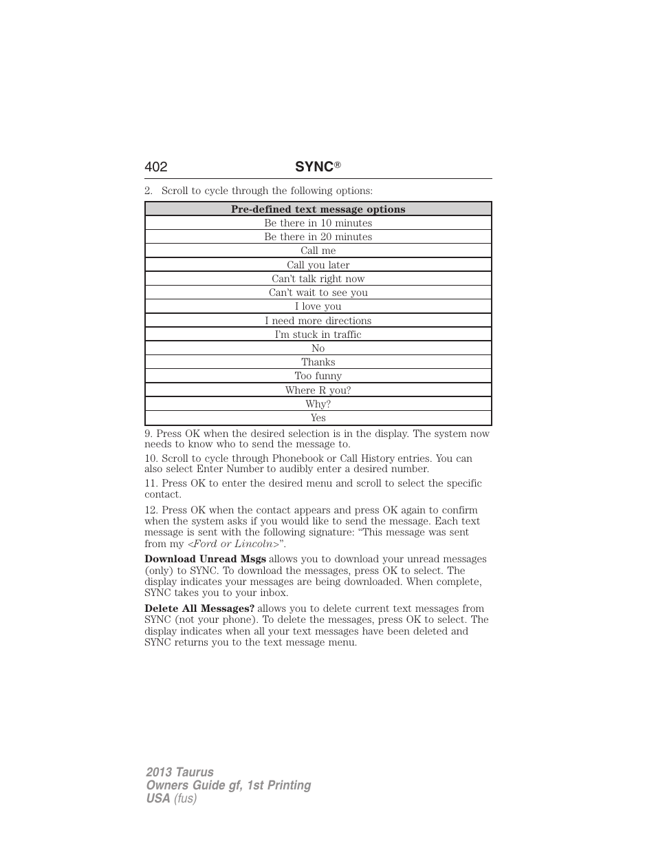 402 sync | FORD 2013 Taurus v.1 User Manual | Page 402 / 541