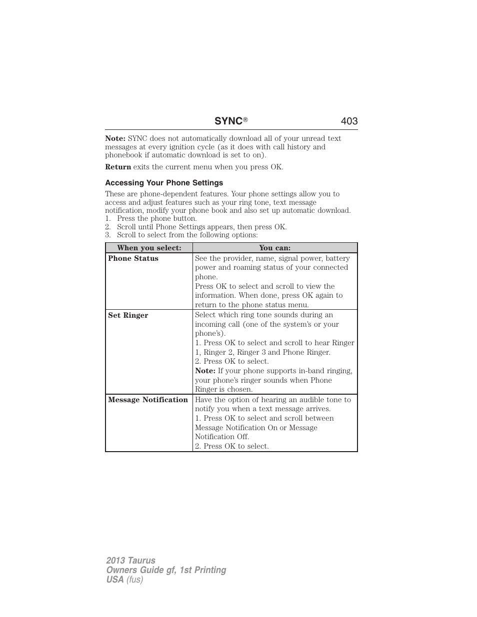 Accessing your phone settings, Sync ா 403 | FORD 2013 Taurus v.1 User Manual | Page 403 / 541