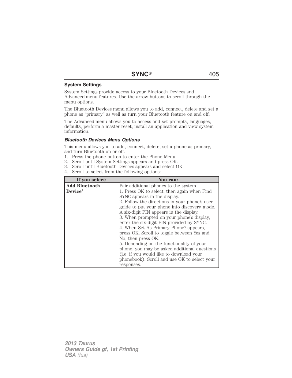 System settings, Bluetooth devices menu options, Sync ா 405 | FORD 2013 Taurus v.1 User Manual | Page 405 / 541