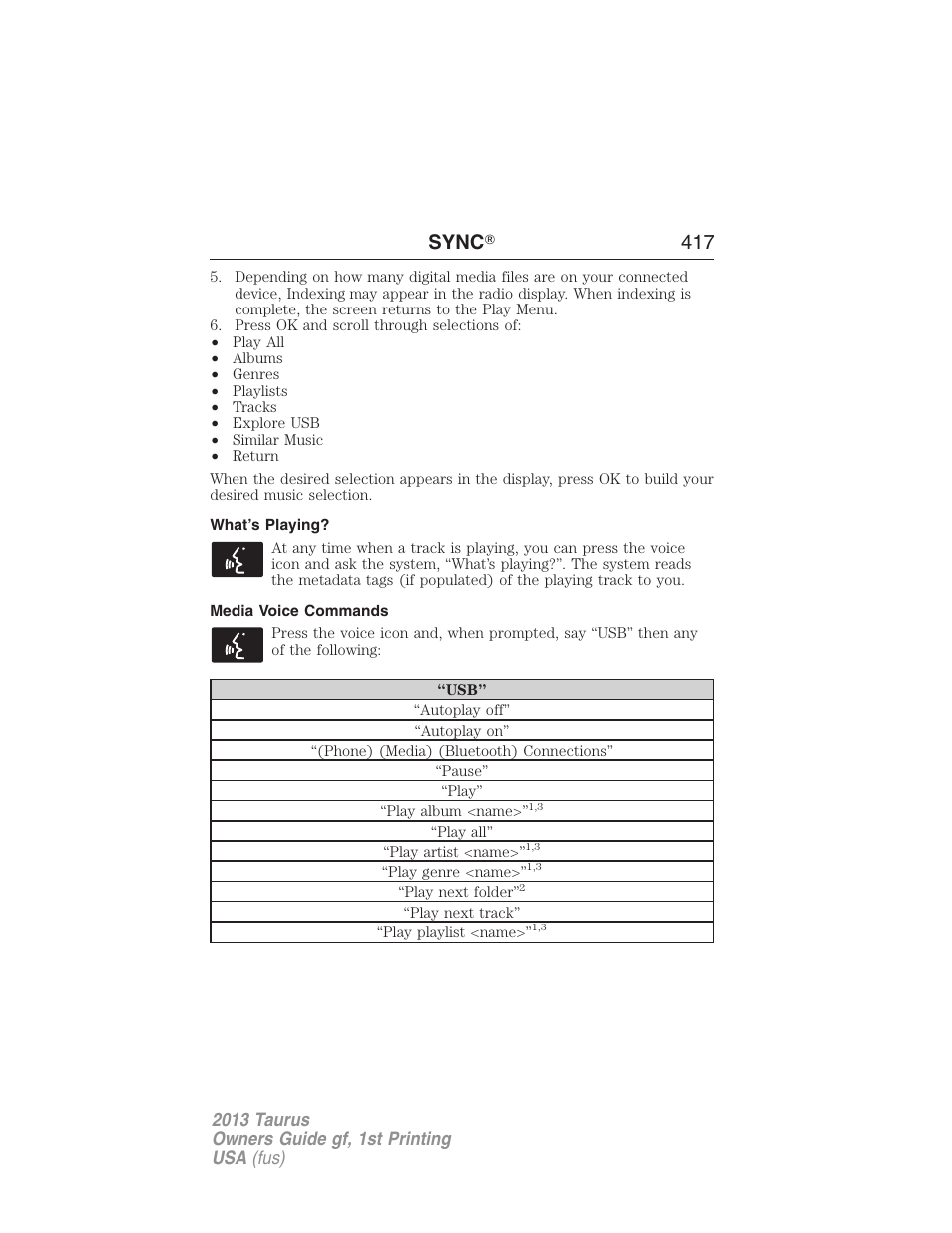 What’s playing, Media voice commands, Sync ா 417 | FORD 2013 Taurus v.1 User Manual | Page 417 / 541