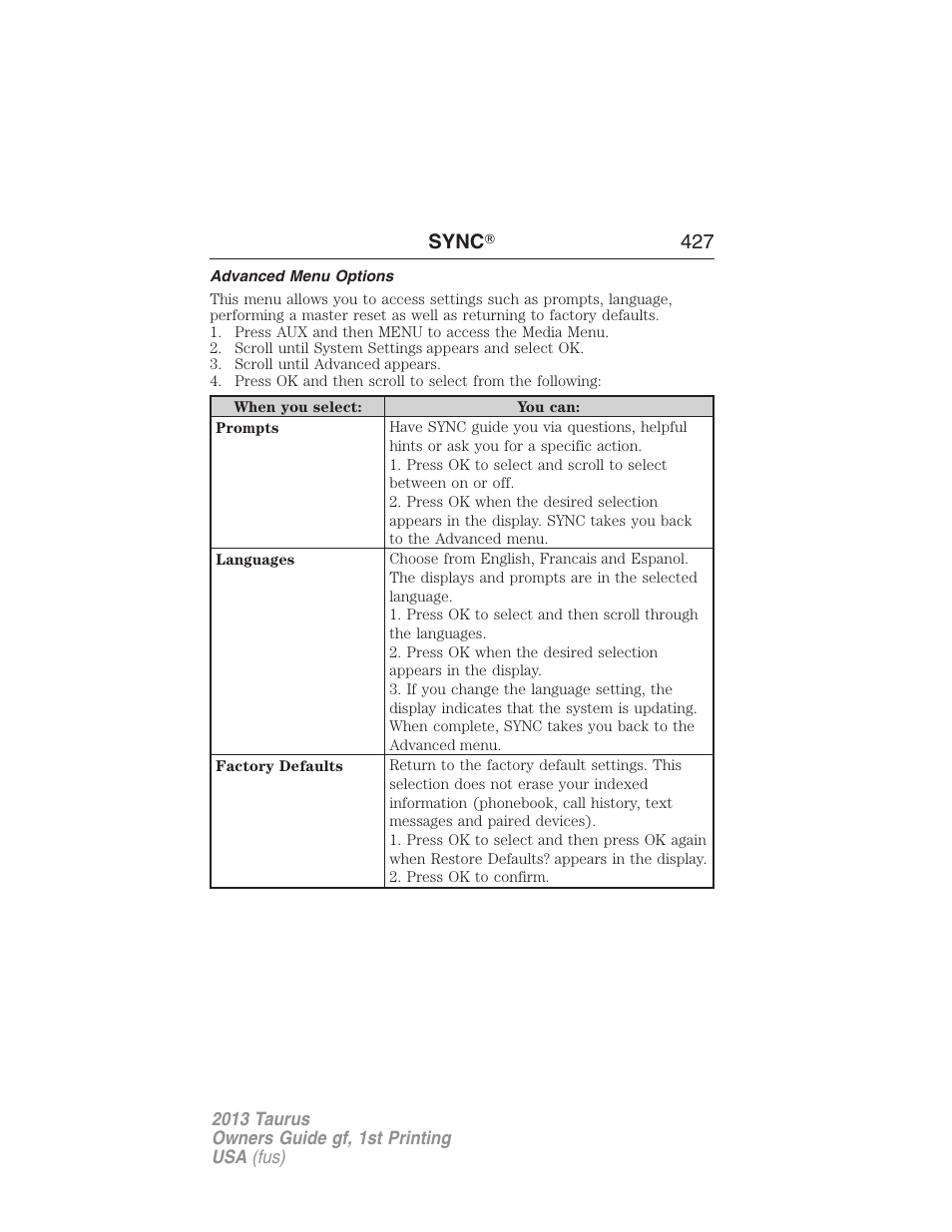 Advanced menu options, Sync ா 427 | FORD 2013 Taurus v.1 User Manual | Page 427 / 541