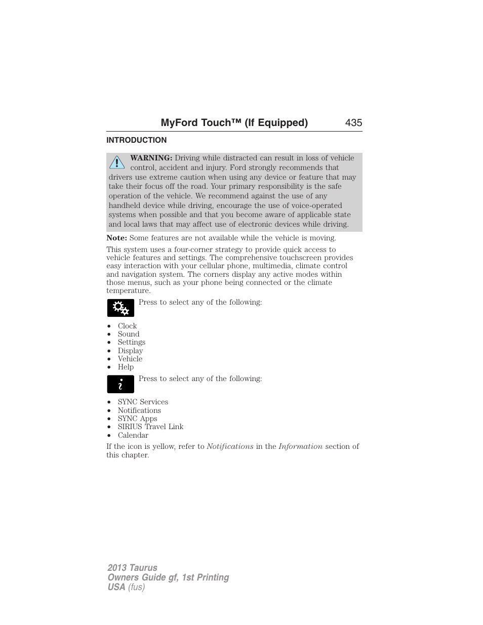 Myford touch™ (if equipped), Introduction, Myford touch™ (if equipped) 435 | FORD 2013 Taurus v.1 User Manual | Page 435 / 541