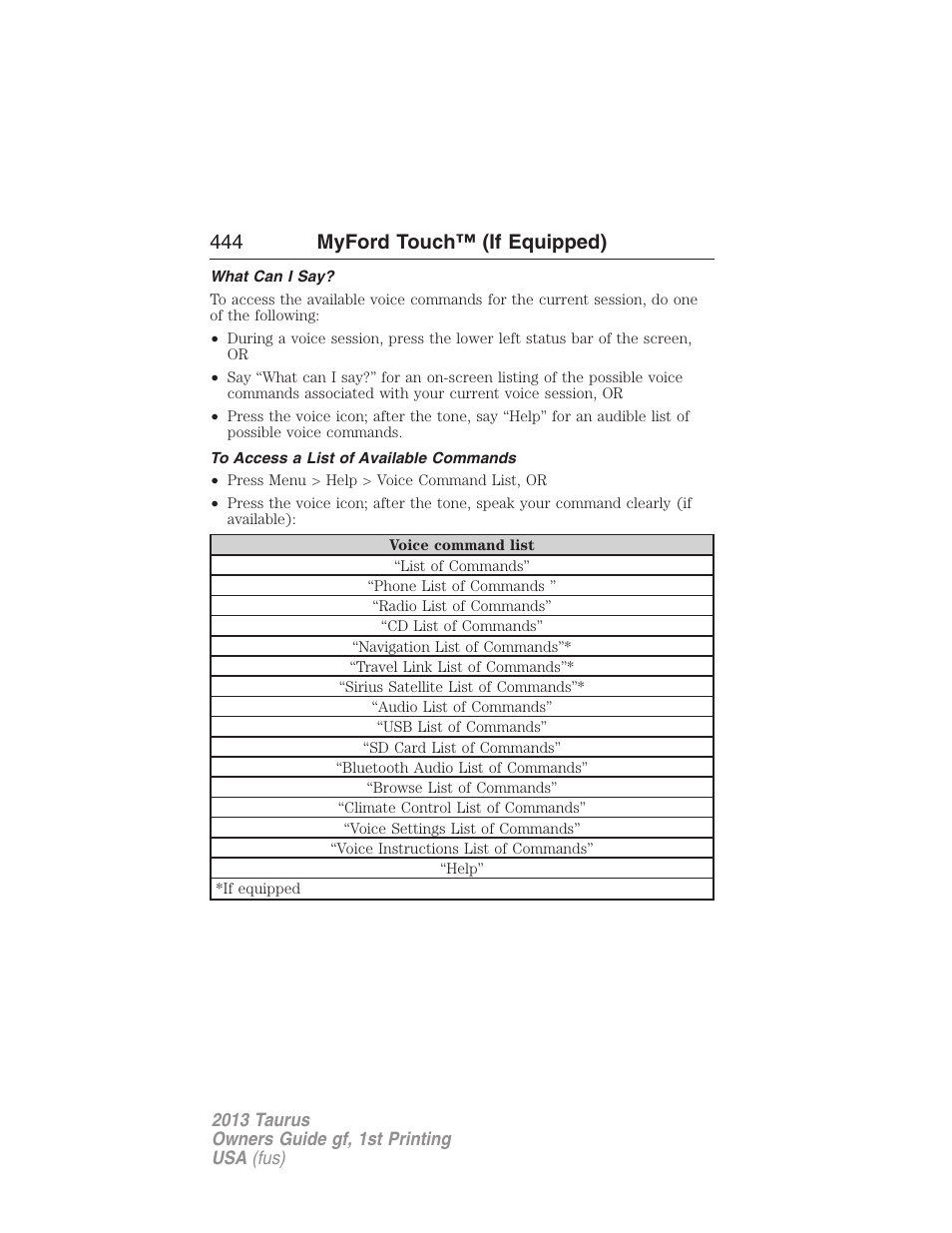 What can i say, To access a list of available commands, 444 myford touch™ (if equipped) | FORD 2013 Taurus v.1 User Manual | Page 444 / 541