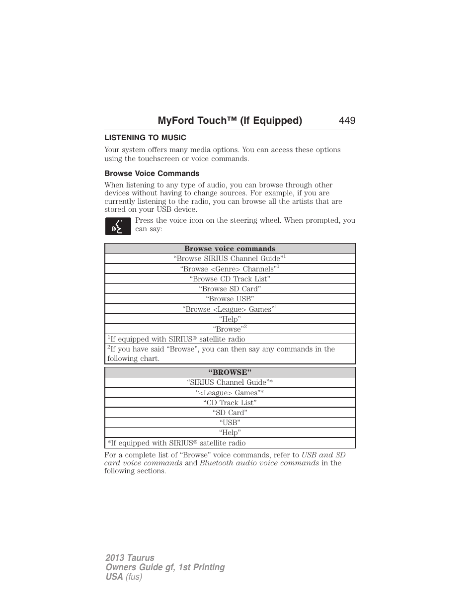 Listening to music, Browse voice commands, Myford touch™ (if equipped) 449 | FORD 2013 Taurus v.1 User Manual | Page 449 / 541