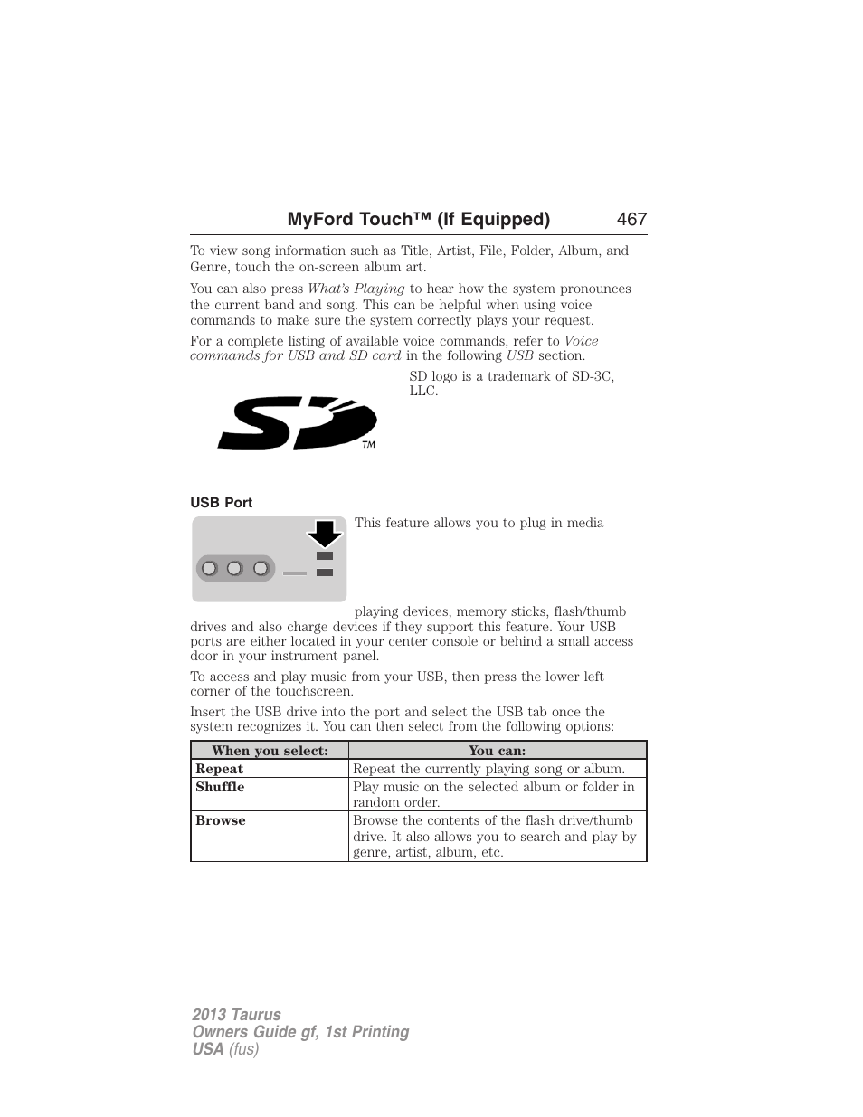 Usb port, Myford touch™ (if equipped) 467 | FORD 2013 Taurus v.1 User Manual | Page 467 / 541