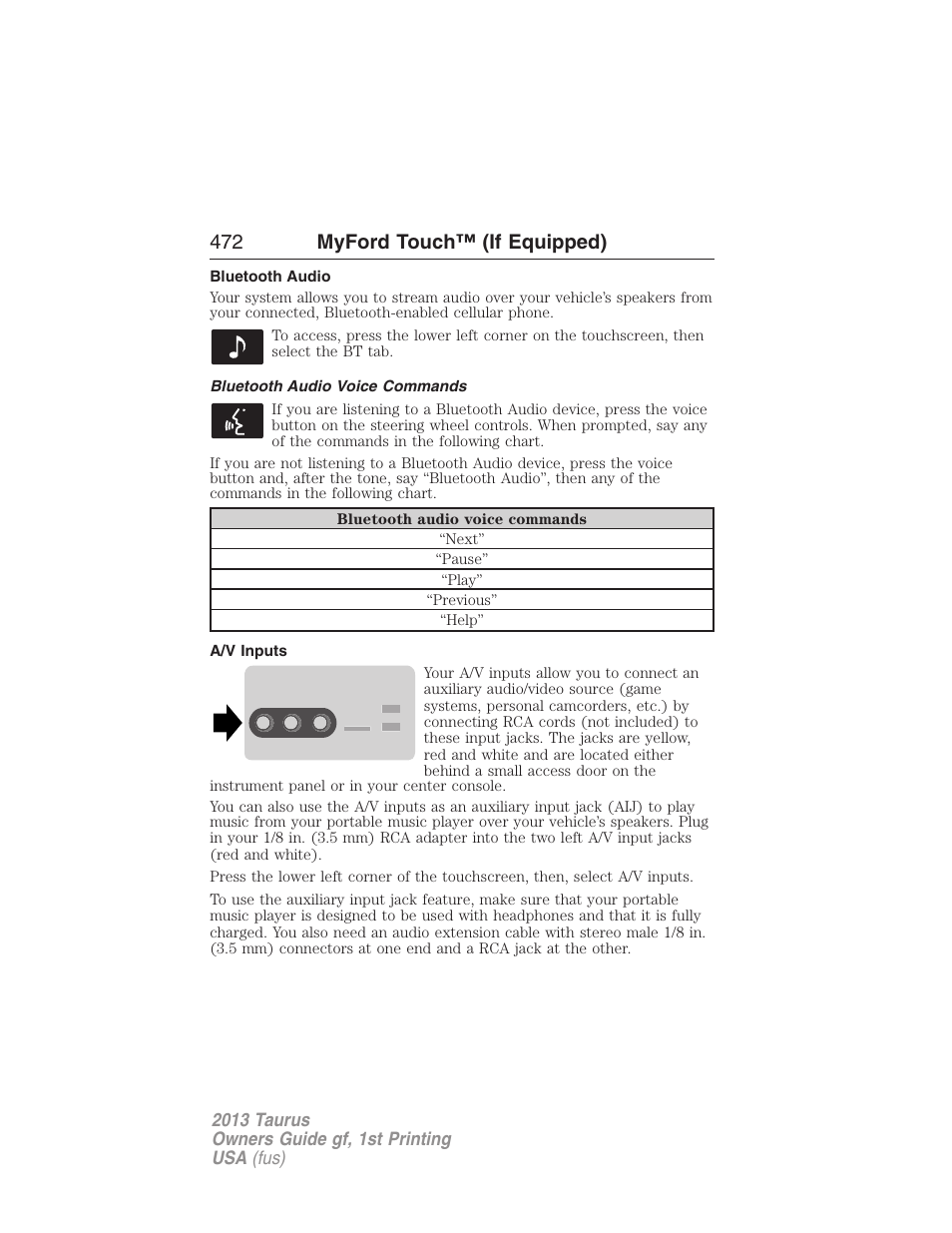 Bluetooth audio, Bluetooth audio voice commands, A/v inputs | 472 myford touch™ (if equipped) | FORD 2013 Taurus v.1 User Manual | Page 472 / 541