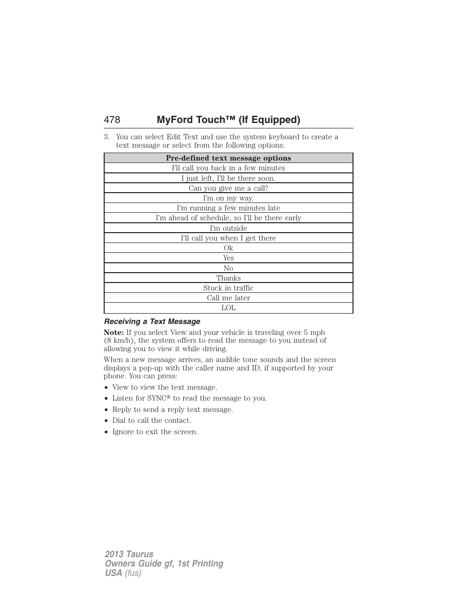 Receiving a text message, 478 myford touch™ (if equipped) | FORD 2013 Taurus v.1 User Manual | Page 478 / 541