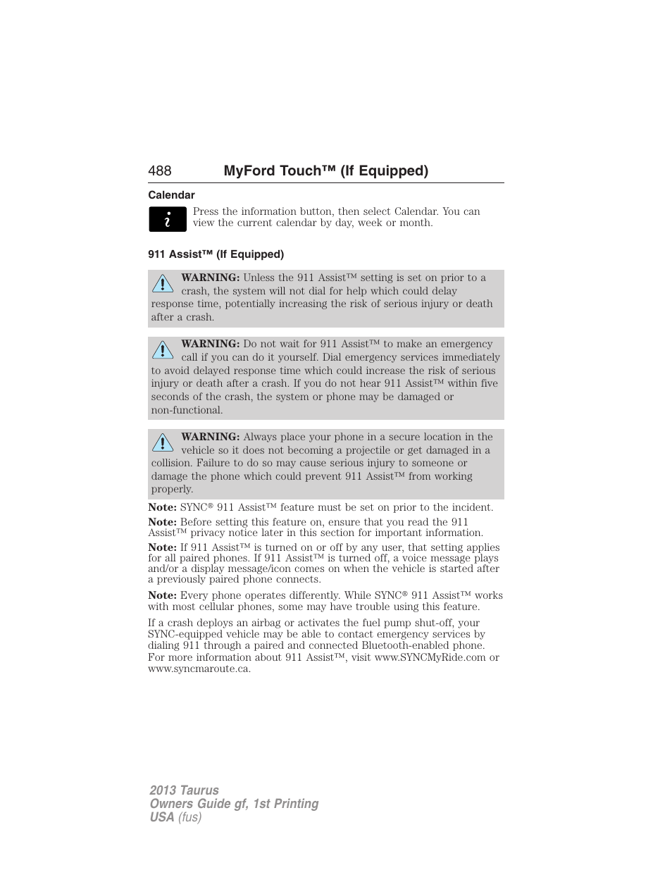 Calendar, 911 assist™ (if equipped), 488 myford touch™ (if equipped) | FORD 2013 Taurus v.1 User Manual | Page 488 / 541