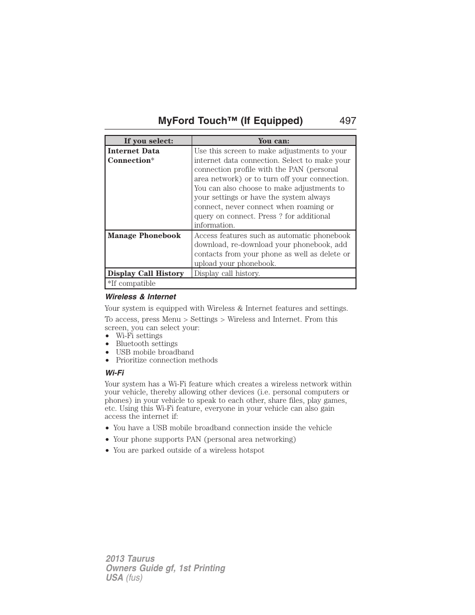 Wireless & internet, Wi-fi, Myford touch™ (if equipped) 497 | FORD 2013 Taurus v.1 User Manual | Page 497 / 541