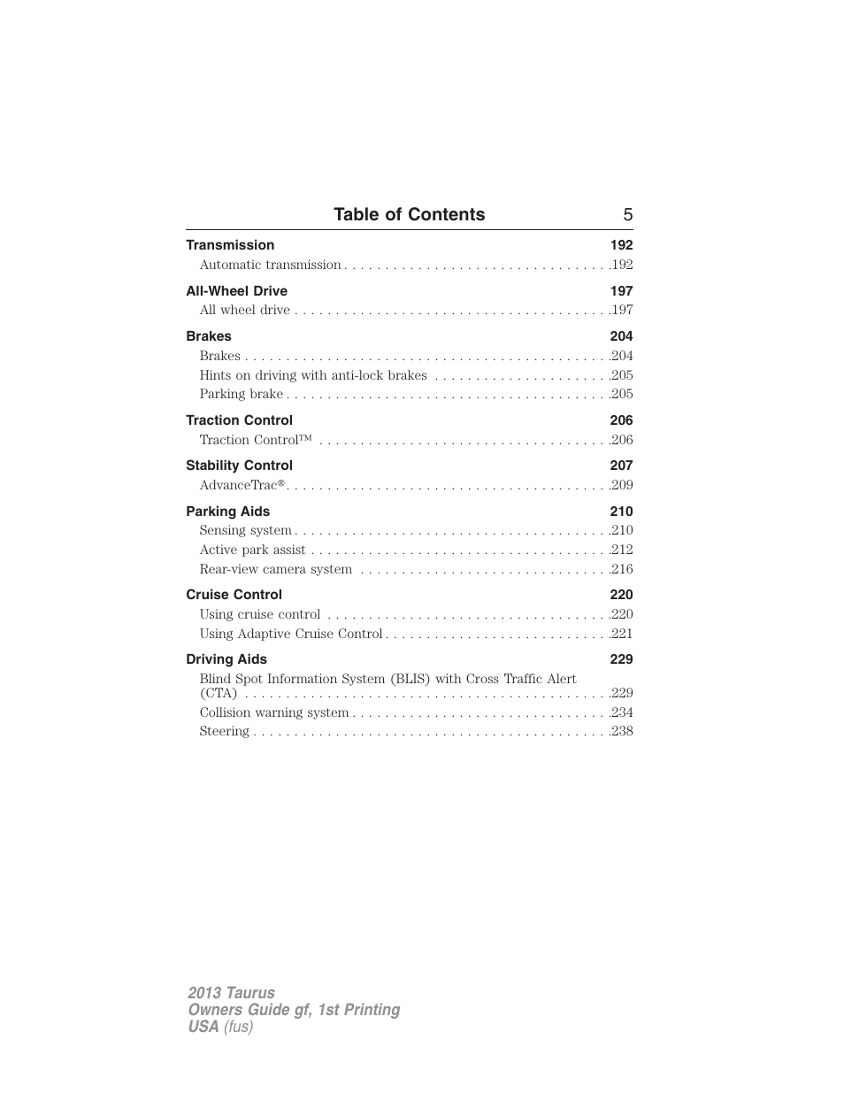 Table of contents 5 | FORD 2013 Taurus v.1 User Manual | Page 5 / 541