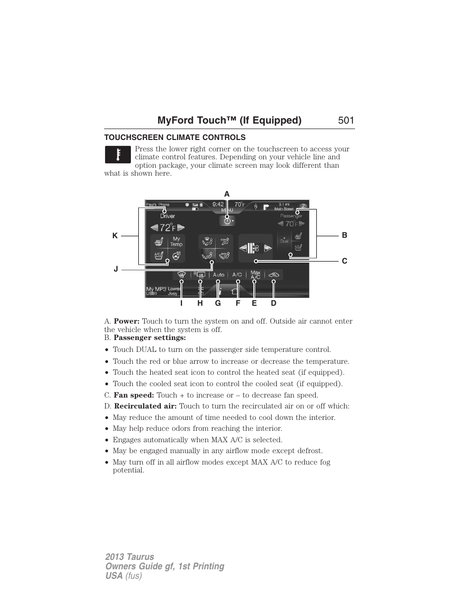 Touchscreen climate controls, Climate features, Myford touch™ (if equipped) 501 | FORD 2013 Taurus v.1 User Manual | Page 501 / 541