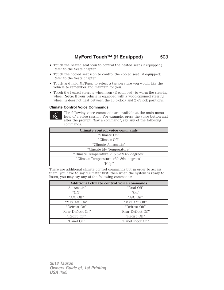 Climate control voice commands, Myford touch™ (if equipped) 503 | FORD 2013 Taurus v.1 User Manual | Page 503 / 541