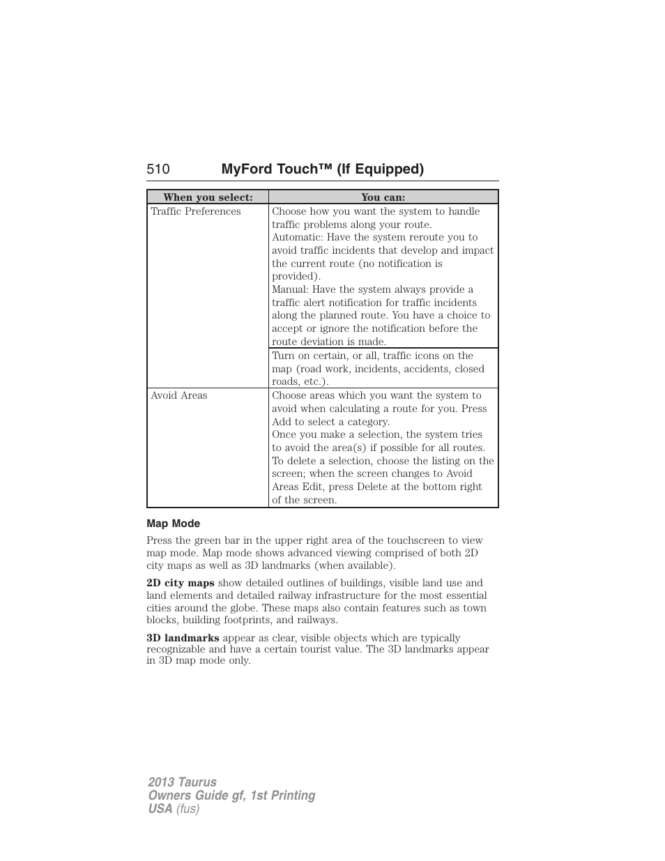 Map mode, 510 myford touch™ (if equipped) | FORD 2013 Taurus v.1 User Manual | Page 510 / 541