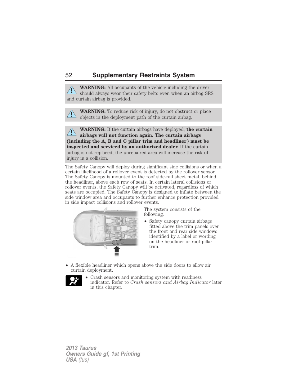 52 supplementary restraints system | FORD 2013 Taurus v.1 User Manual | Page 52 / 541