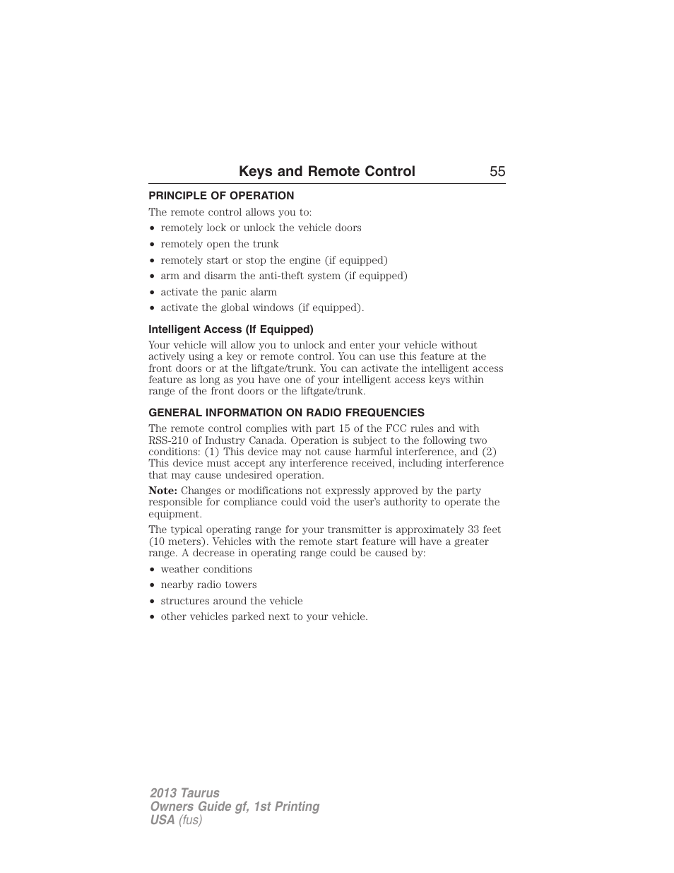 Keys and remote control, Principle of operation, Intelligent access (if equipped) | General information on radio frequencies, Keys and remote control 55 | FORD 2013 Taurus v.1 User Manual | Page 55 / 541