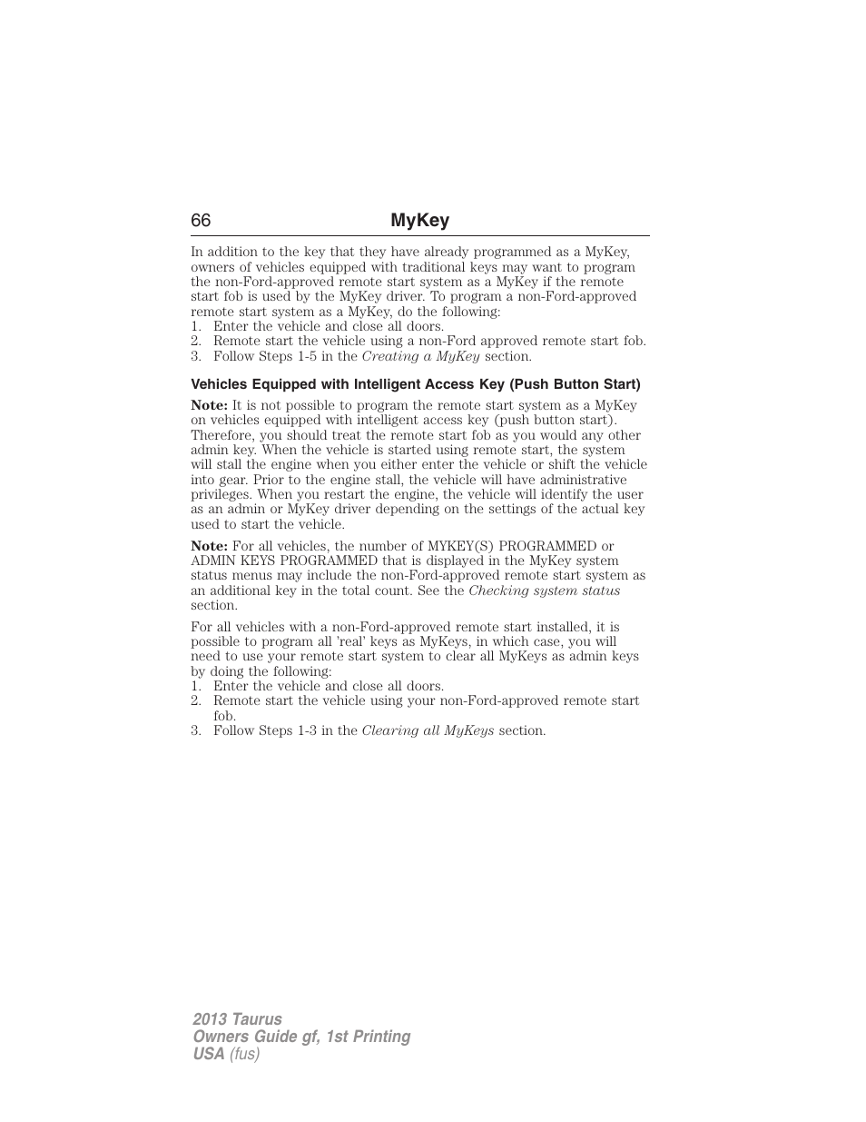 66 mykey | FORD 2013 Taurus v.1 User Manual | Page 66 / 541