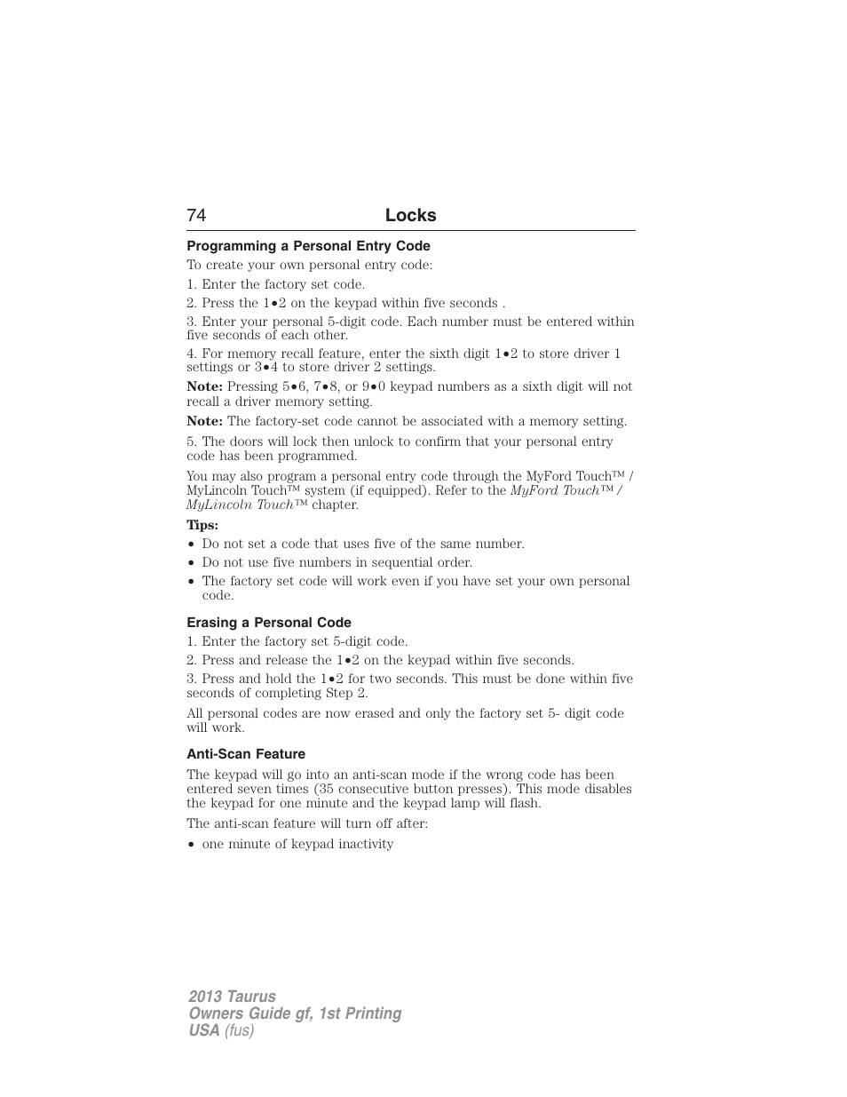 Programming a personal entry code, Erasing a personal code, Anti-scan feature | 74 locks | FORD 2013 Taurus v.1 User Manual | Page 74 / 541