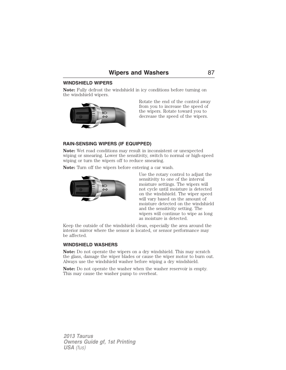 Wipers and washers, Windshield wipers, Rain-sensing wipers (if equipped) | Windshield washers, Rain-sensing wipers, Wipers and washers 87 | FORD 2013 Taurus v.1 User Manual | Page 87 / 541