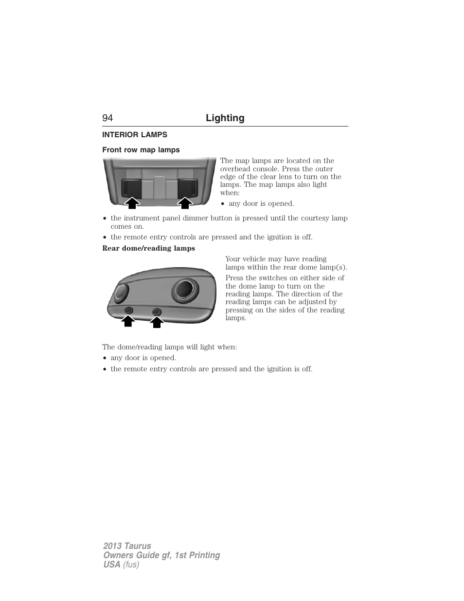 Interior lamps, Front row map lamps, 94 lighting | FORD 2013 Taurus v.1 User Manual | Page 94 / 541