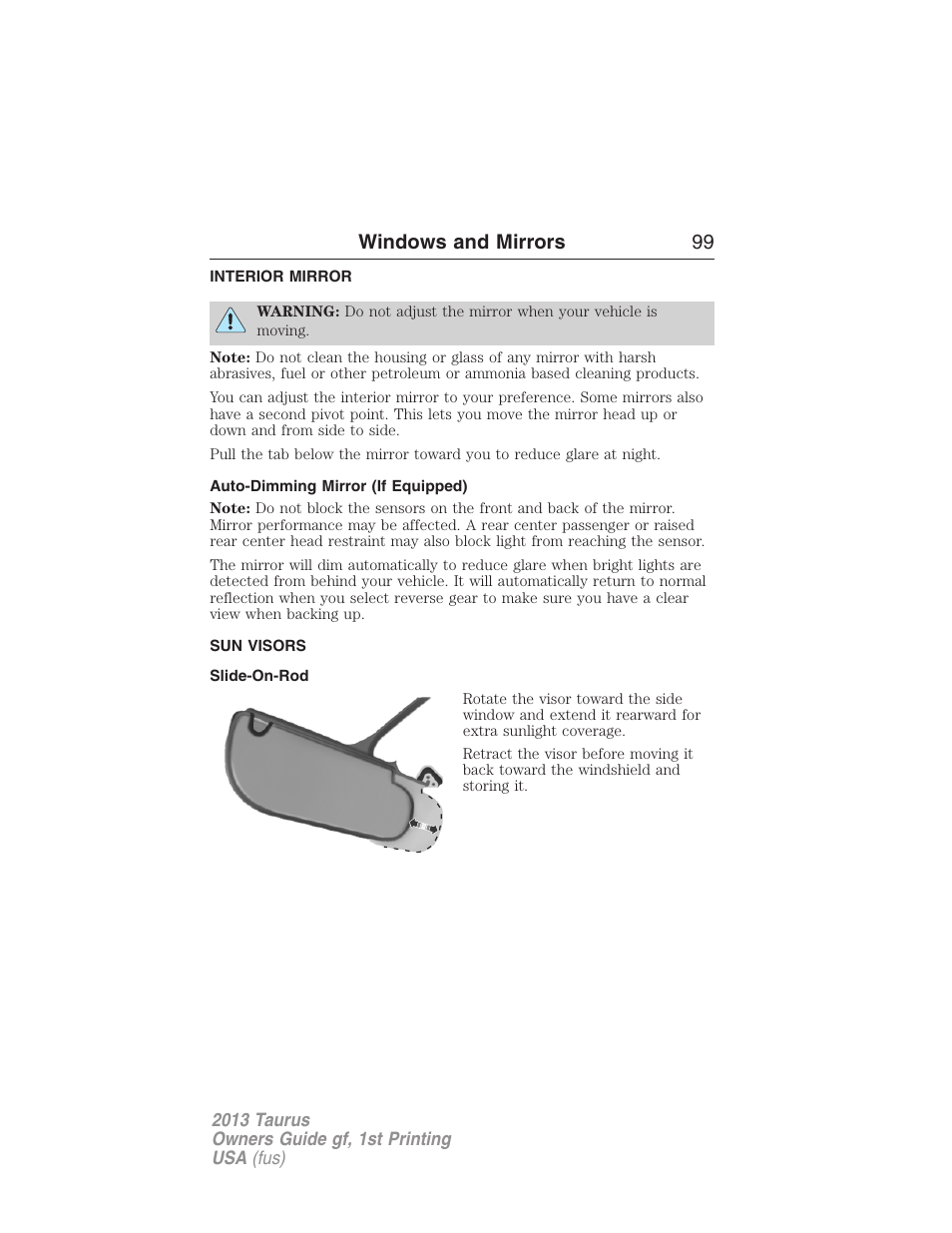 Interior mirror, Auto-dimming mirror (if equipped), Sun visors | Slide-on-rod, Interior mirrors, Windows and mirrors 99 | FORD 2013 Taurus v.1 User Manual | Page 99 / 541