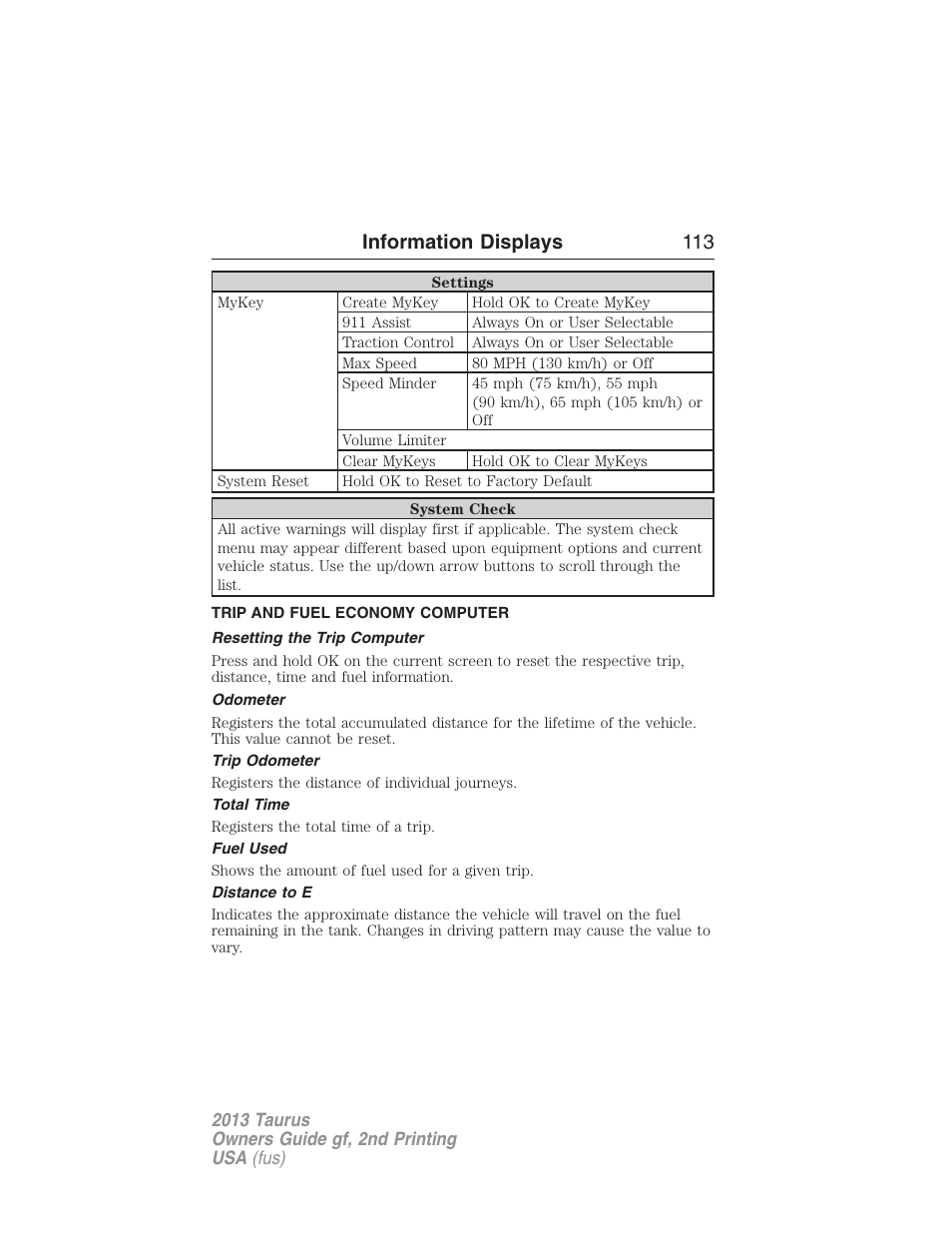 Trip and fuel economy computer, Resetting the trip computer, Odometer | Trip odometer, Total time, Fuel used, Distance to e, Trip computer, Information displays 113 | FORD 2013 Taurus v.2 User Manual | Page 113 / 541