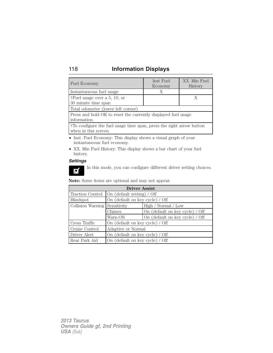 Settings, 118 information displays | FORD 2013 Taurus v.2 User Manual | Page 118 / 541