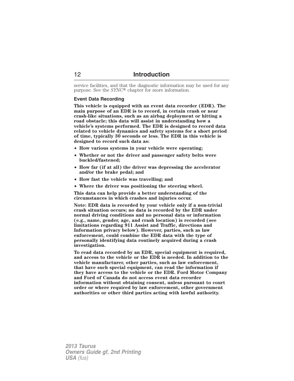 Event data recording, 12 introduction | FORD 2013 Taurus v.2 User Manual | Page 12 / 541