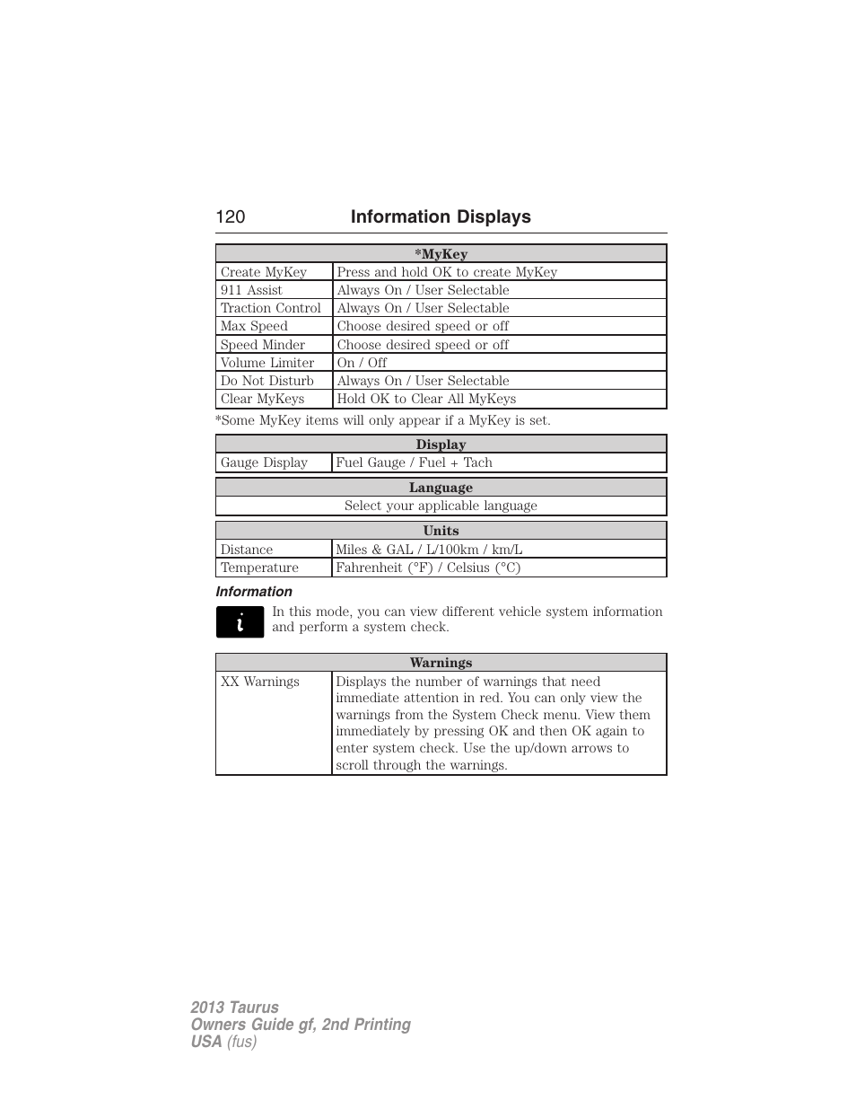 Information, 120 information displays | FORD 2013 Taurus v.2 User Manual | Page 120 / 541